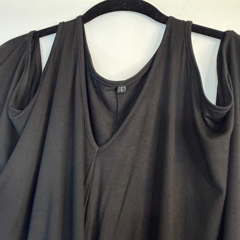 Size L Cold Shoulder V Neck Tunic Top Cotton Blend Black - Picture 3 of 4
